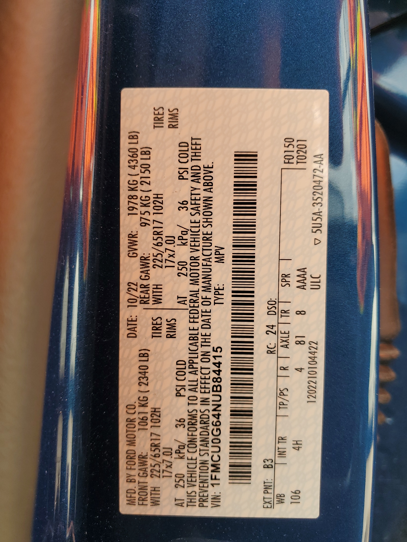 1FMCU0G64NUB84415 2022 Ford Escape Se