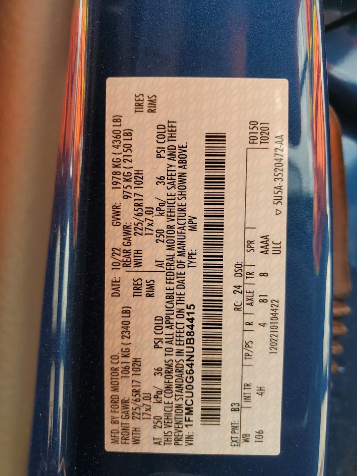 2022 Ford Escape Se VIN: 1FMCU0G64NUB84415 Lot: 65519304