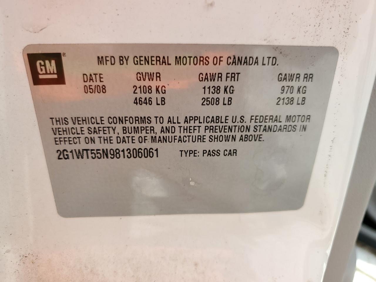 2008 Chevrolet Impala Lt VIN: 2G1WT55N981306061 Lot: 63877544