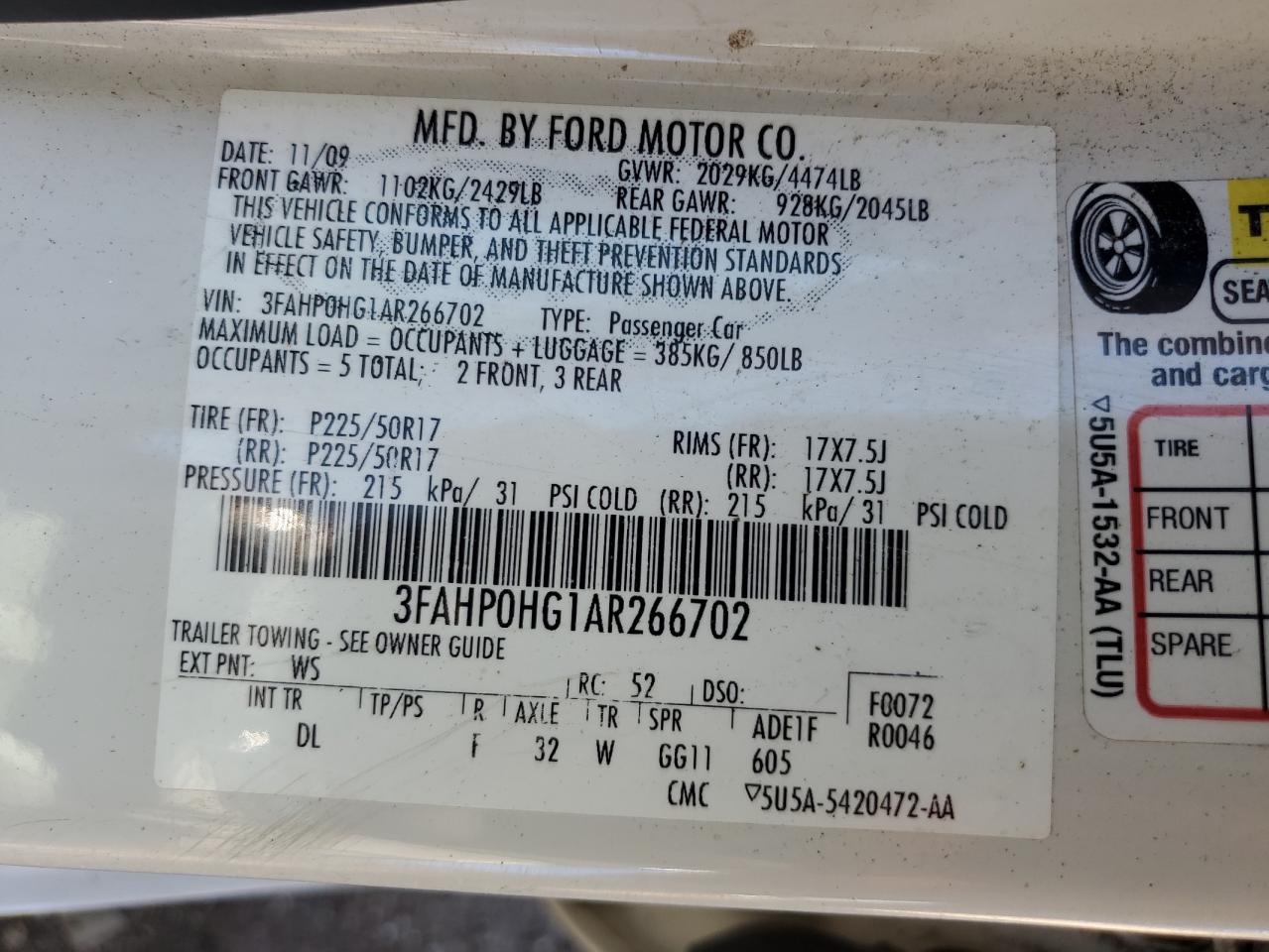 2010 Ford Fusion Se VIN: 3FAHP0HG1AR266702 Lot: 64906894