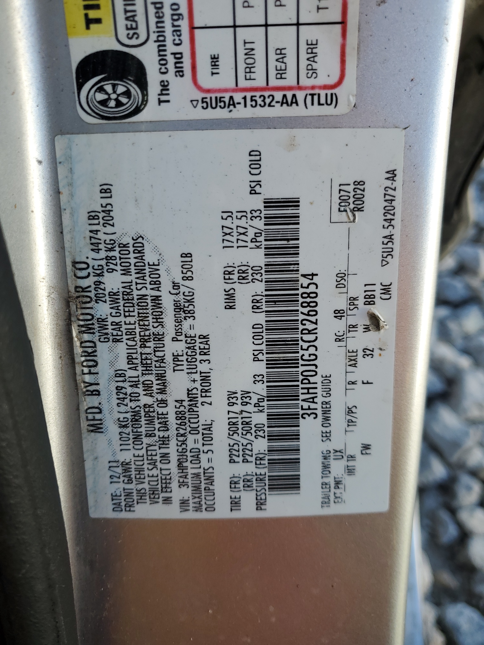 3FAHP0JG5CR268854 2012 Ford Fusion Sel