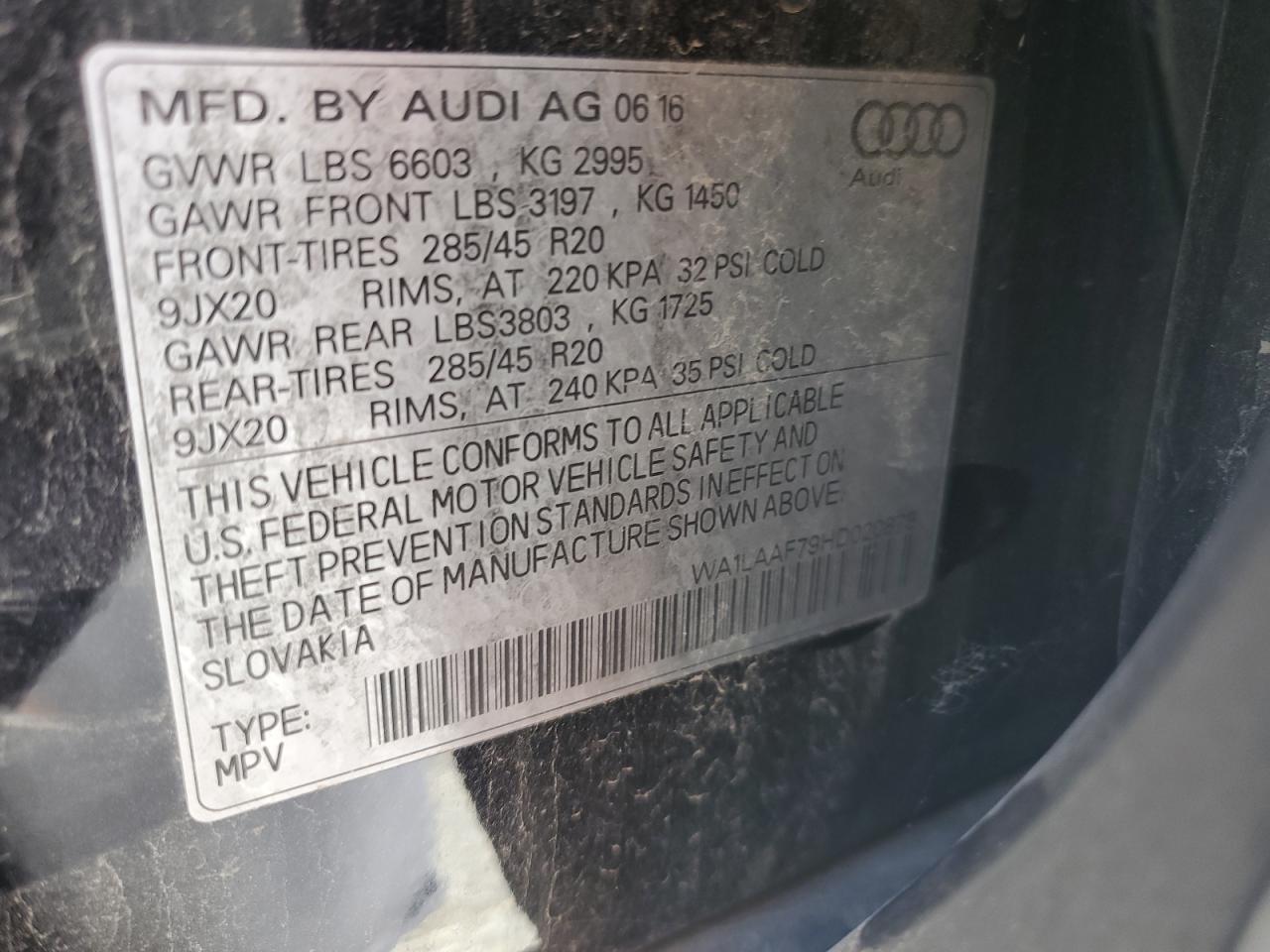 2017 Audi Q7 Premium Plus VIN: WA1LAAF79HD020878 Lot: 63824654