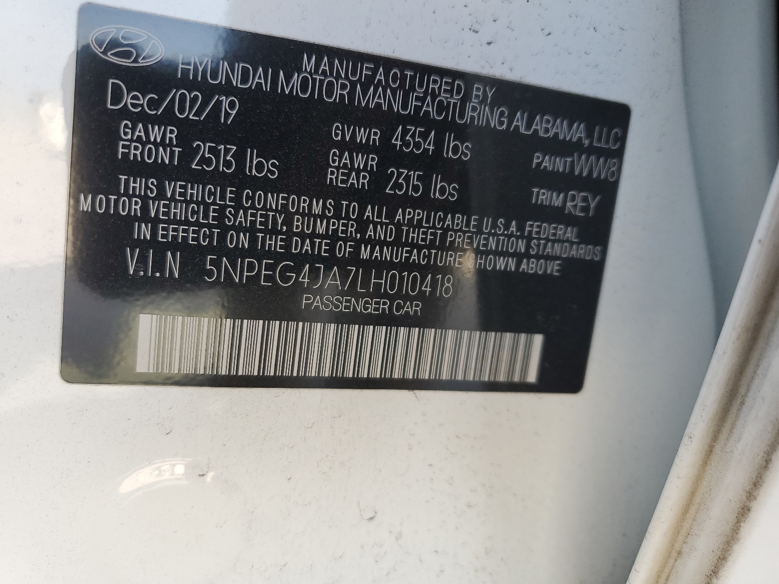 5NPEG4JA7LH010418 2020 Hyundai Sonata Se