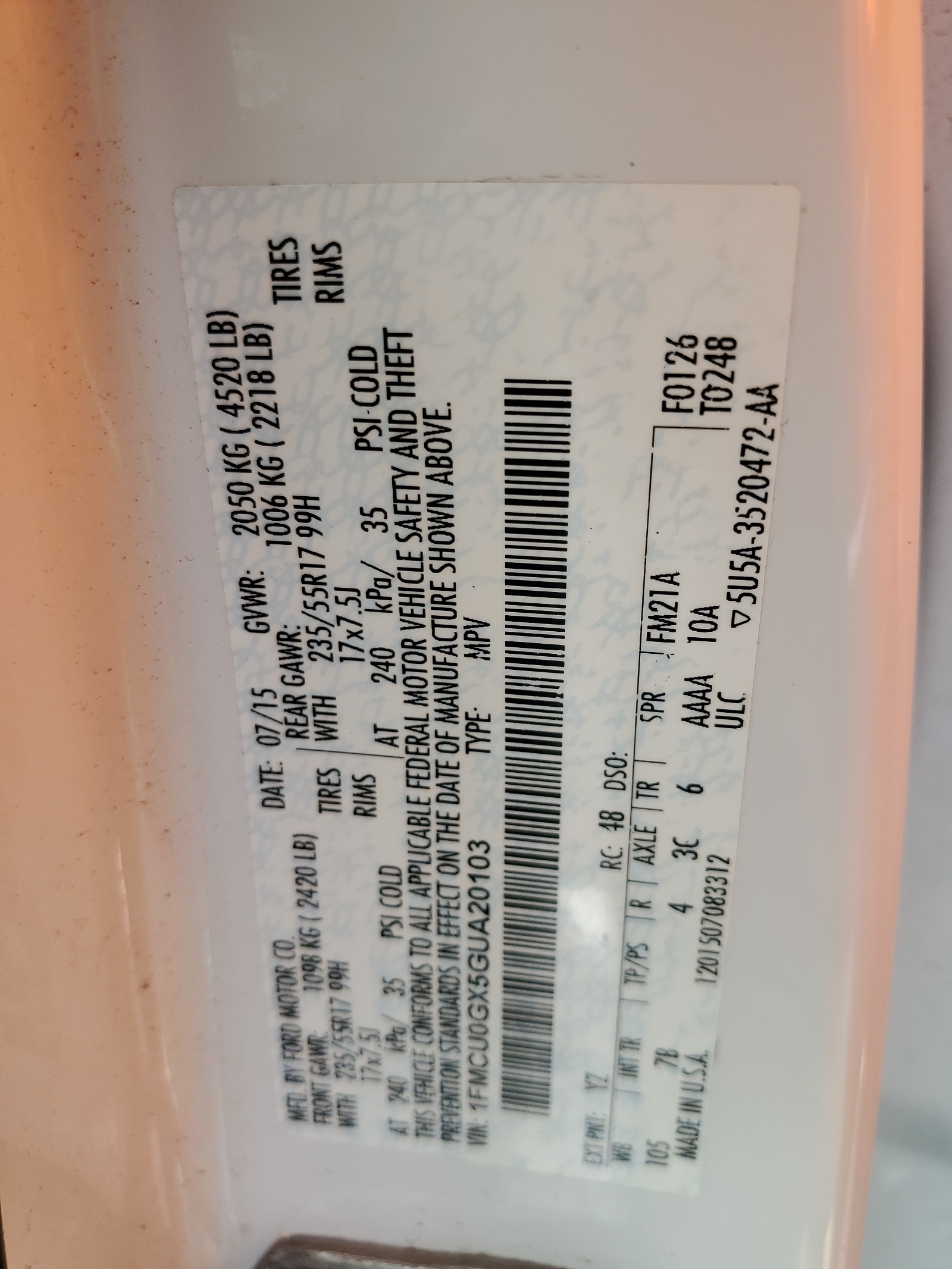 1FMCU0GX5GUA20103 2016 Ford Escape Se