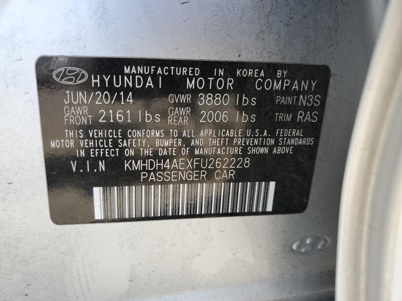 2015 Hyundai Elantra Se VIN: KMHDH4AEXFU262228 Lot: 62112704