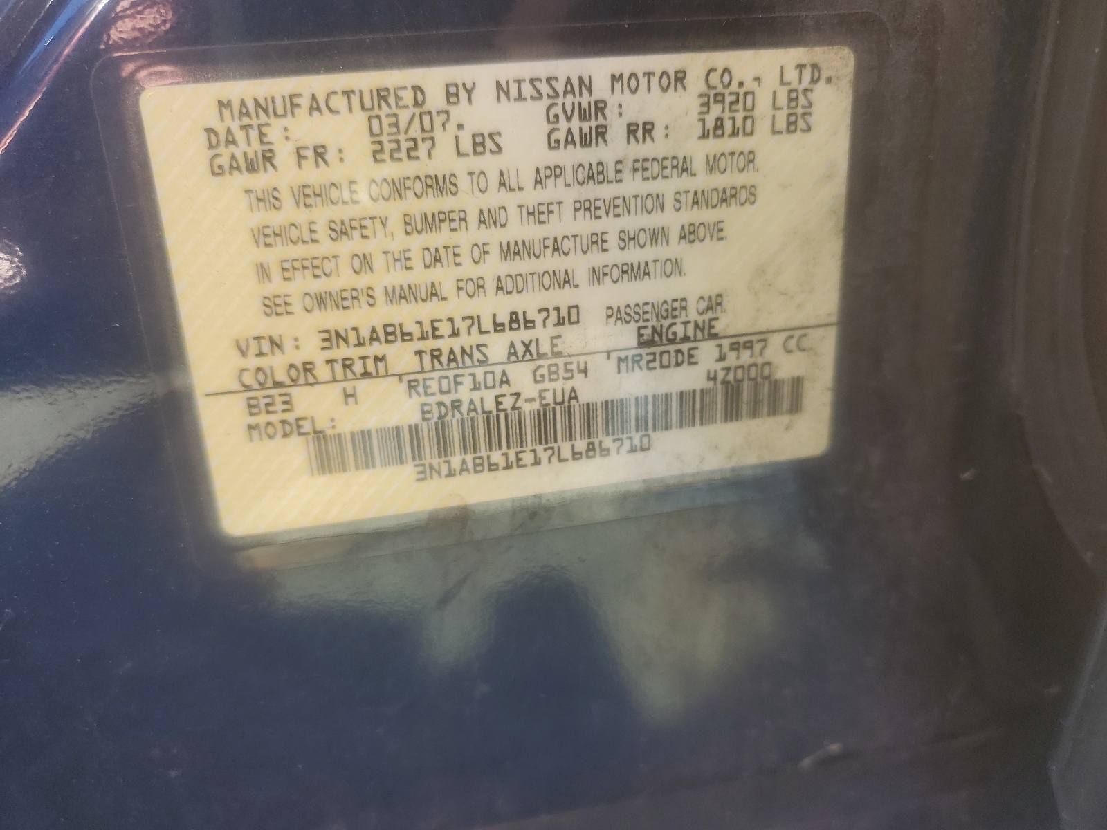 3N1AB61E17L686710 2007 Nissan Sentra 2.0