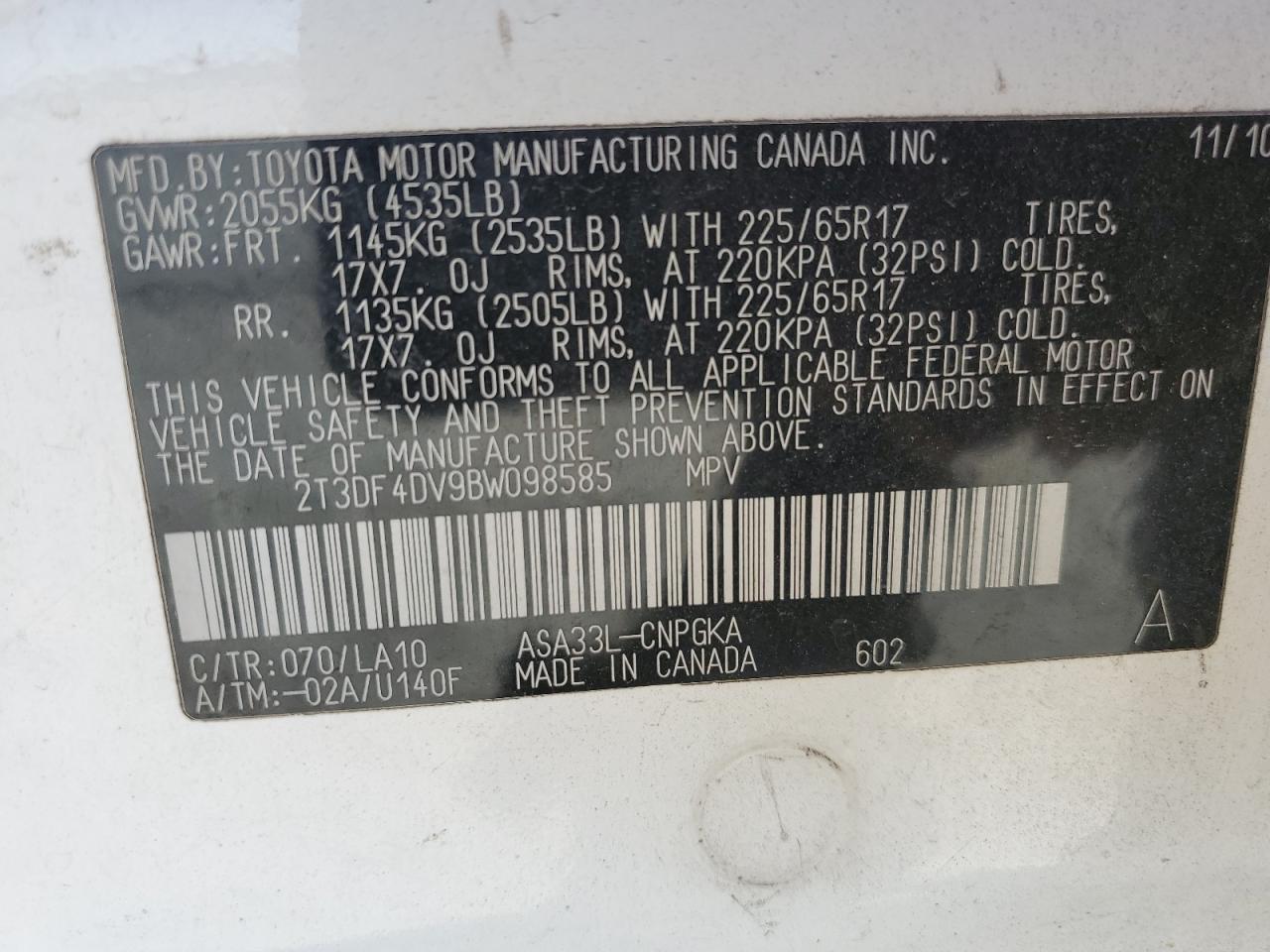 2T3DF4DV9BW098585 2011 Toyota Rav4 Limited