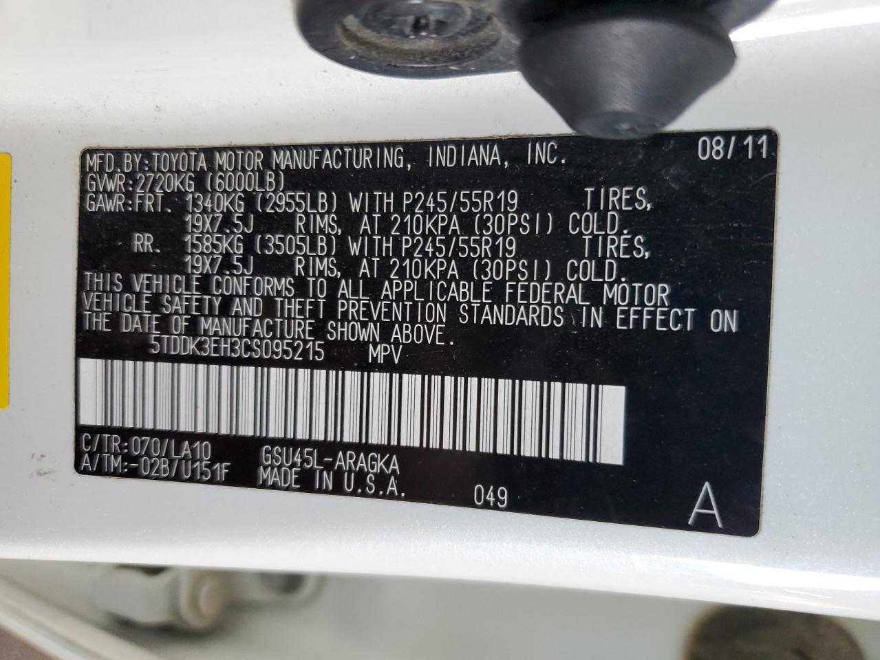 2012 Toyota Highlander Limited VIN: 5TDDK3EH3CS095215 Lot: 61296134