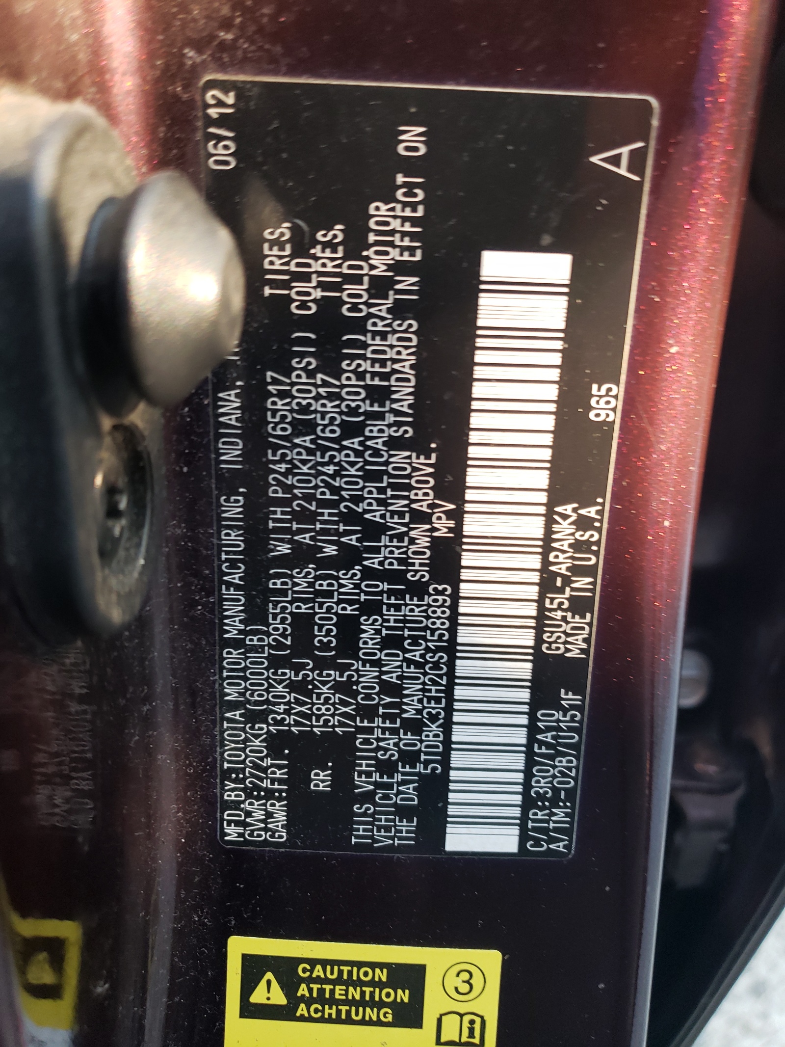 5TDBK3EH2CS158893 2012 Toyota Highlander Base