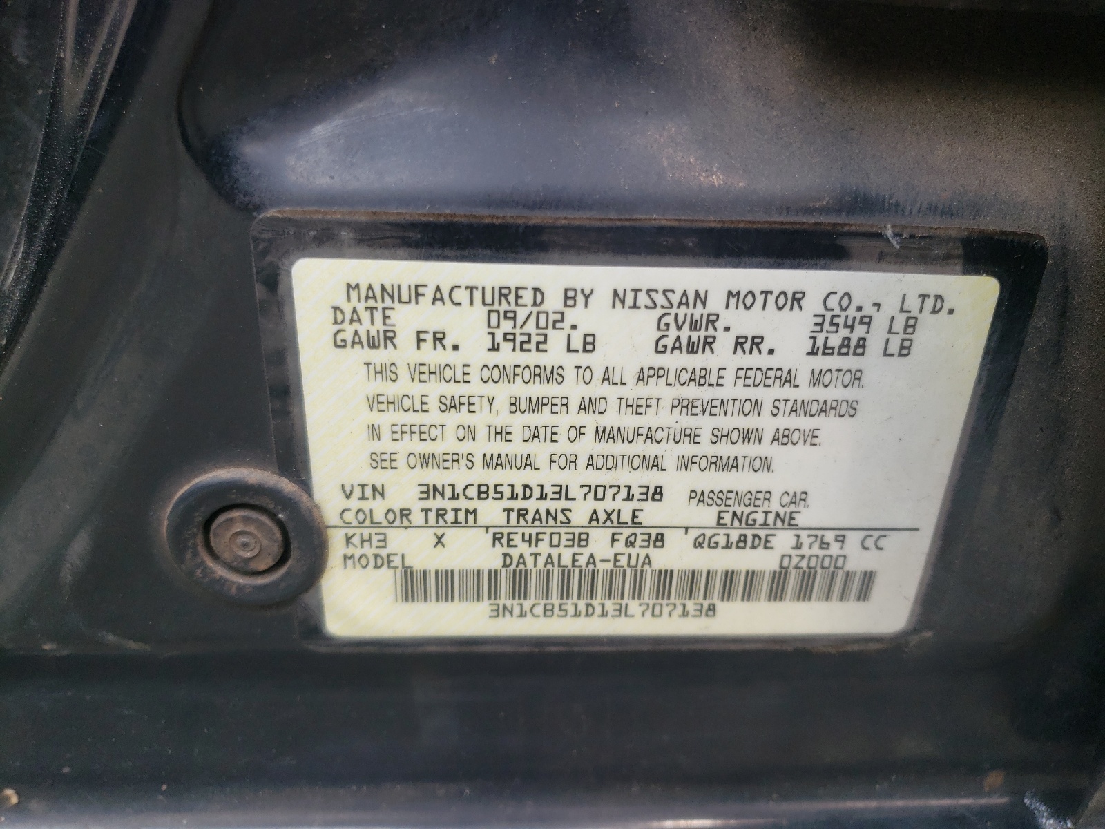 3N1CB51D13L707138 2003 Nissan Sentra Xe