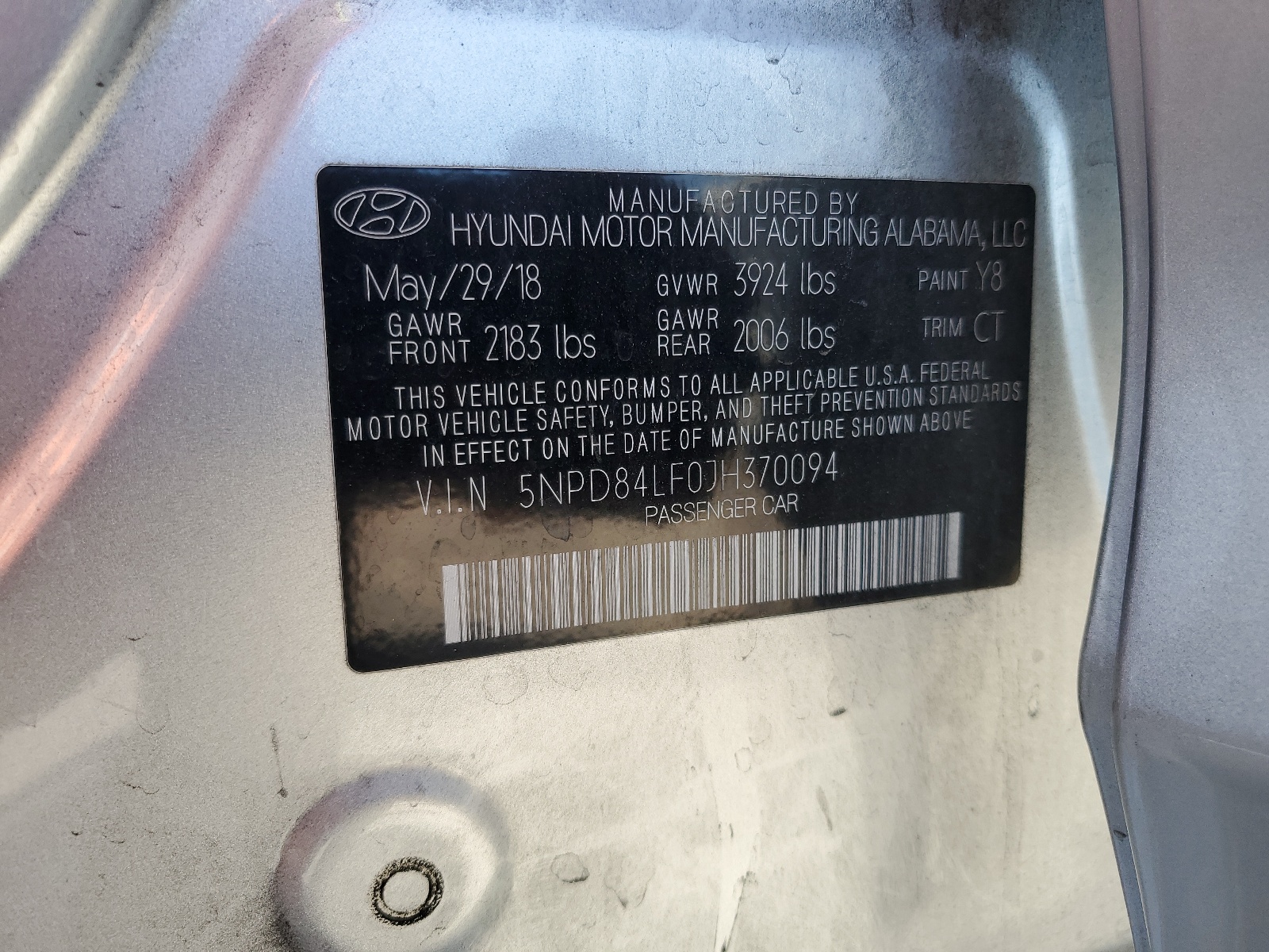 5NPD84LF0JH370094 2018 Hyundai Elantra Sel