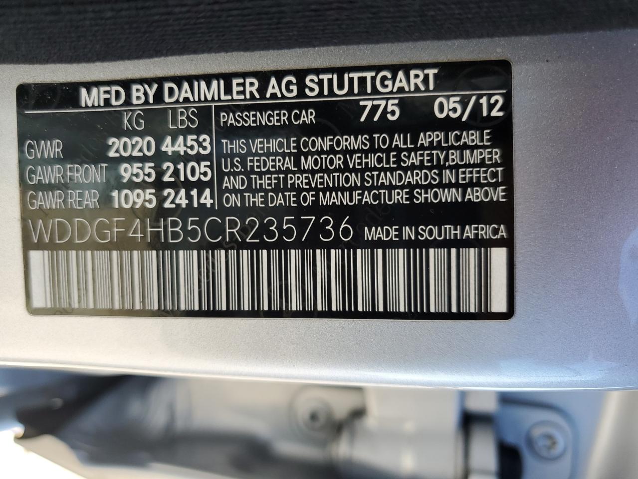 2012 Mercedes-Benz C 250 VIN: WDDGF4HB5CR235736 Lot: 61606194