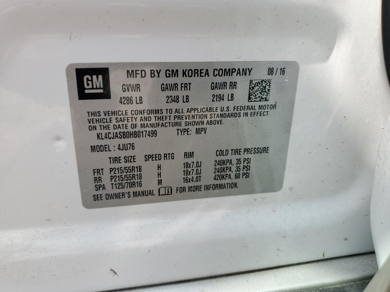 2017 Buick Encore Preferred VIN: KL4CJASB0HB017499 Lot: 61749704