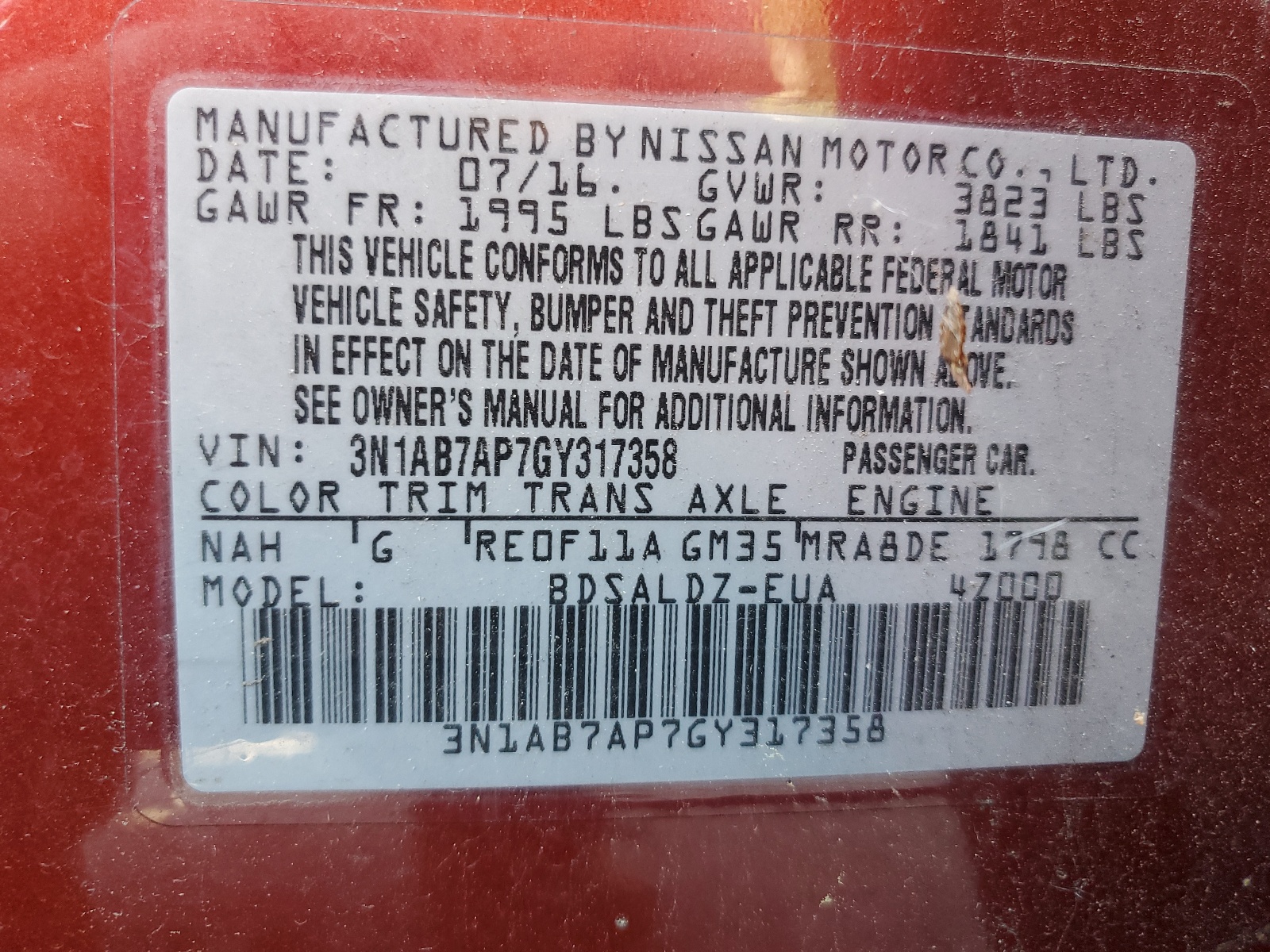 3N1AB7AP7GY317358 2016 Nissan Sentra S