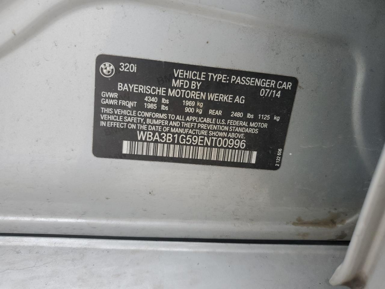 2014 BMW 320 I VIN: WBA3B1G59ENT00996 Lot: 63513084