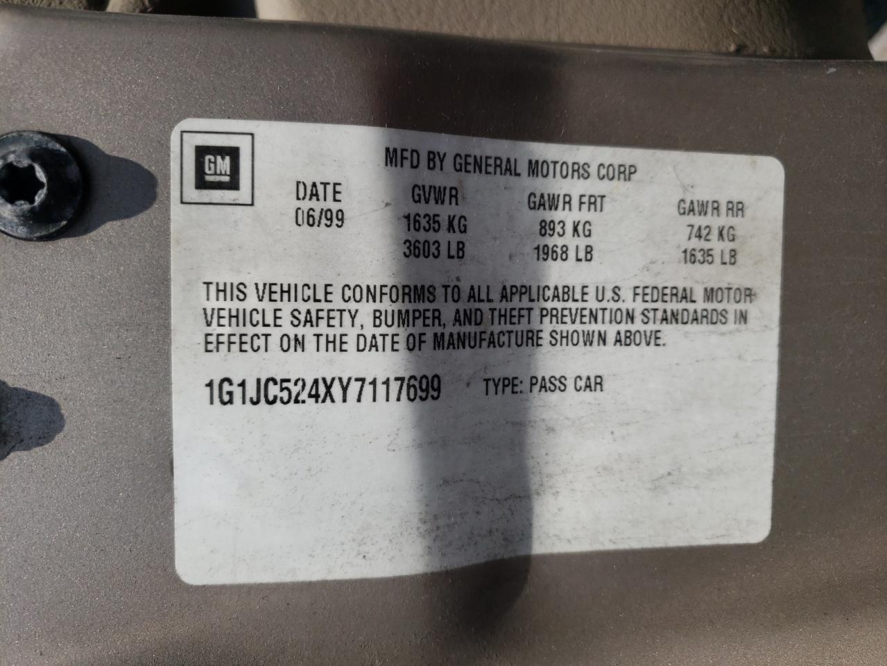 2000 Chevrolet Cavalier VIN: 1G1JC524XY7117699 Lot: 63718664