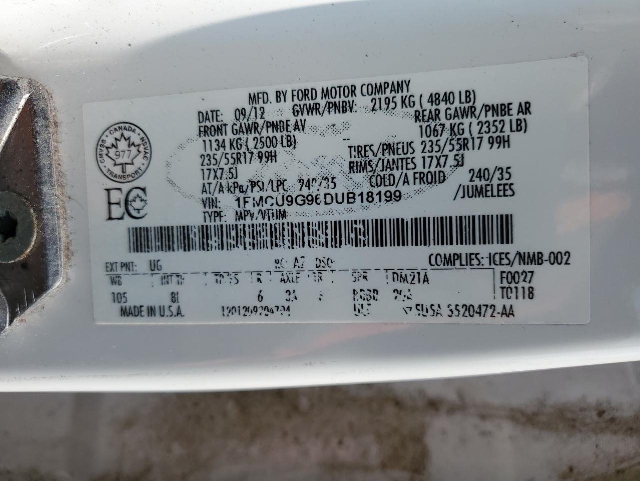 2013 Ford Escape Se VIN: 1FMCU9G96DUB18199 Lot: 59526174