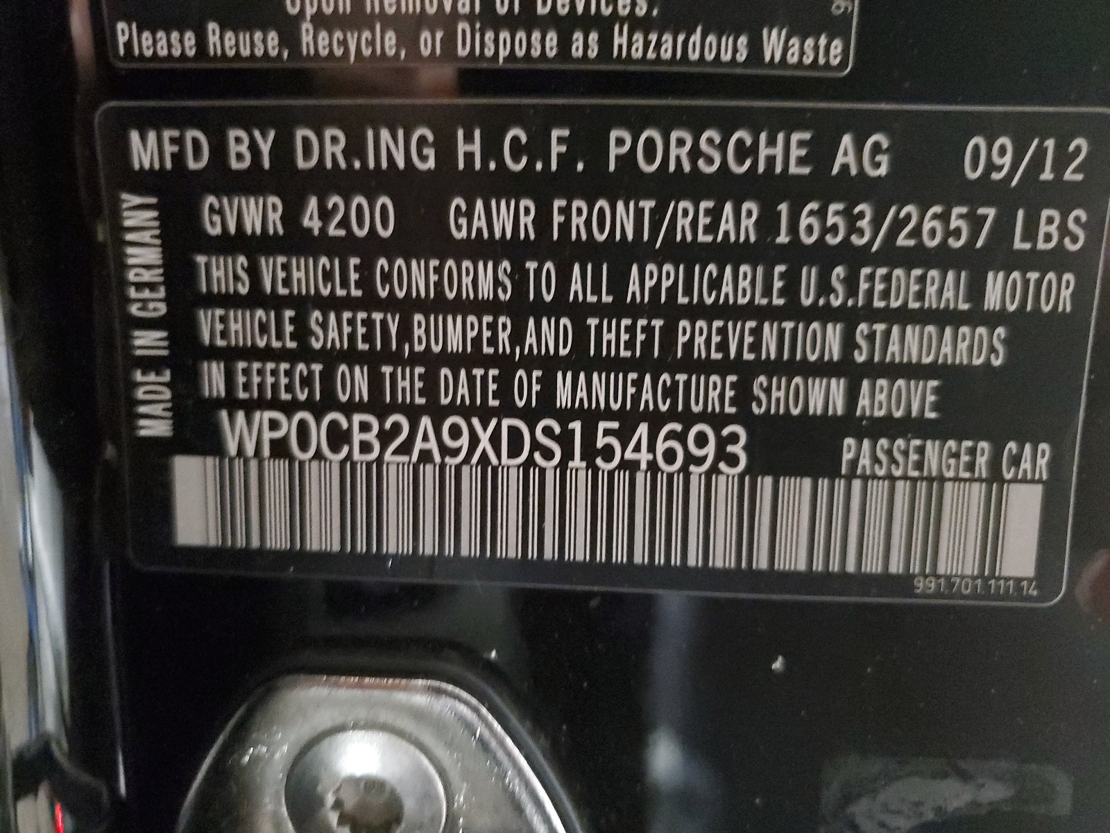 WP0CB2A9XDS154693 2013 Porsche 911 Carrera S