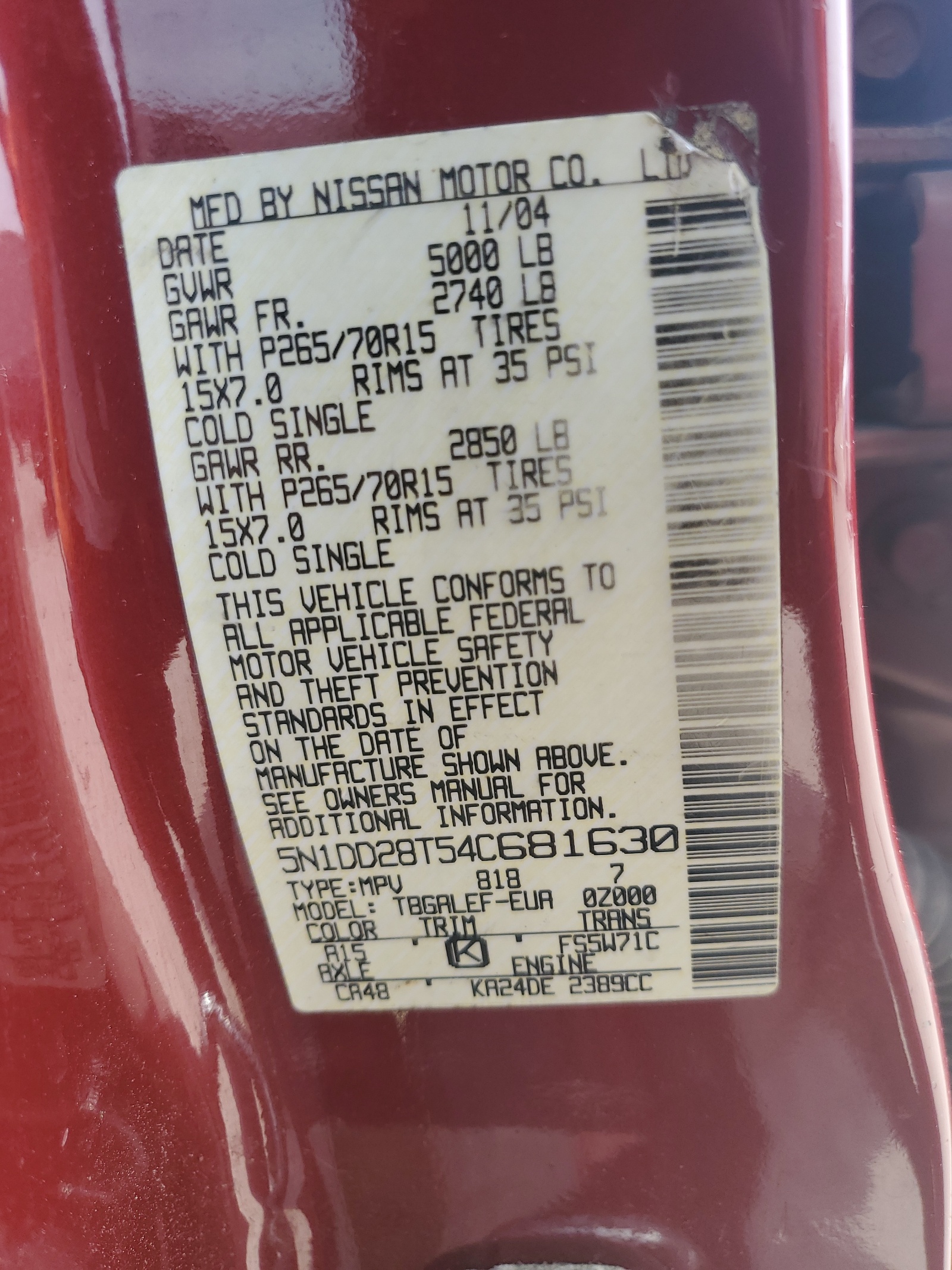 5N1DD28T54C681630 2004 Nissan Xterra Xe