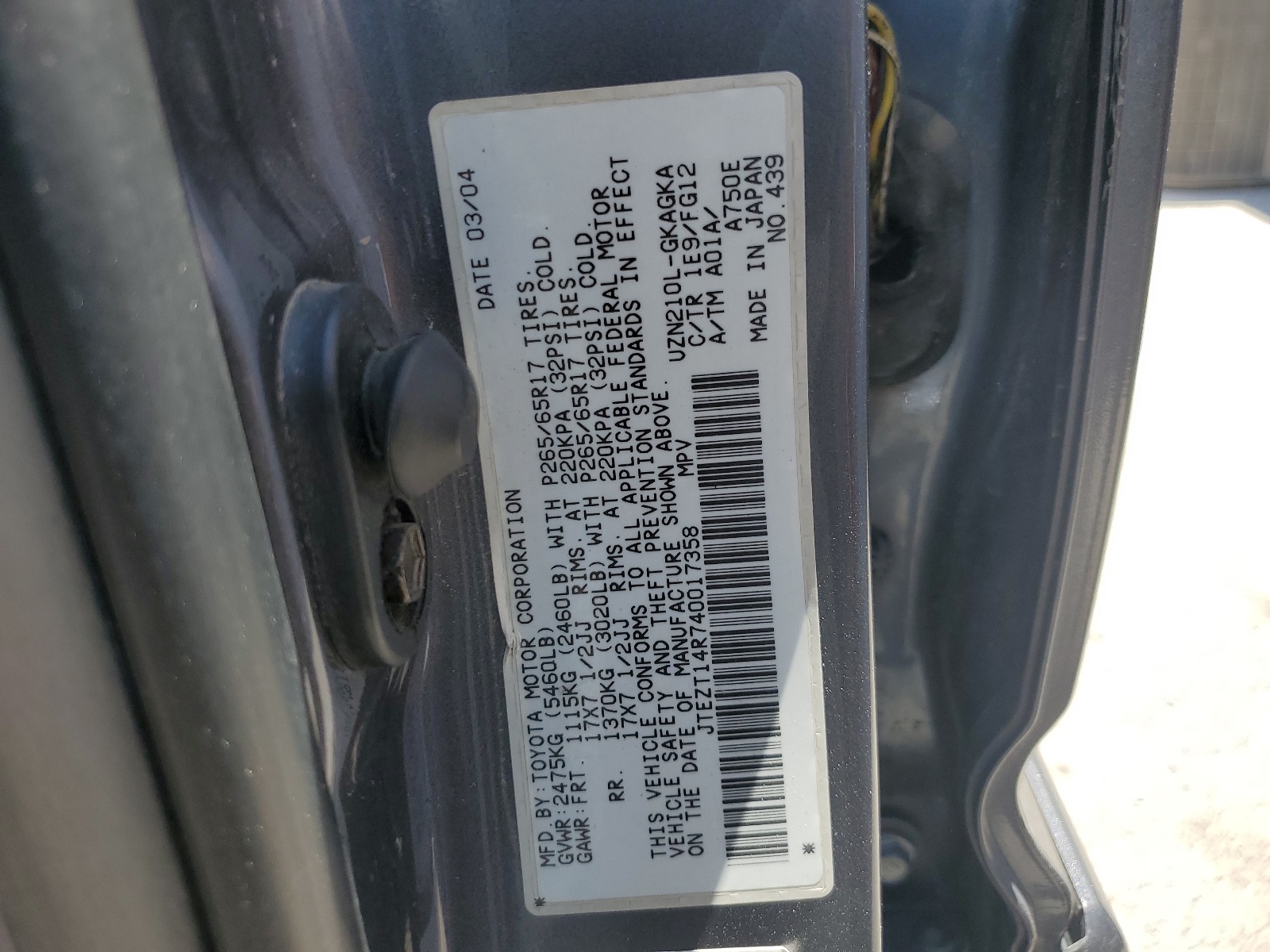 JTEZT14R740017358 2004 Toyota 4Runner Sr5