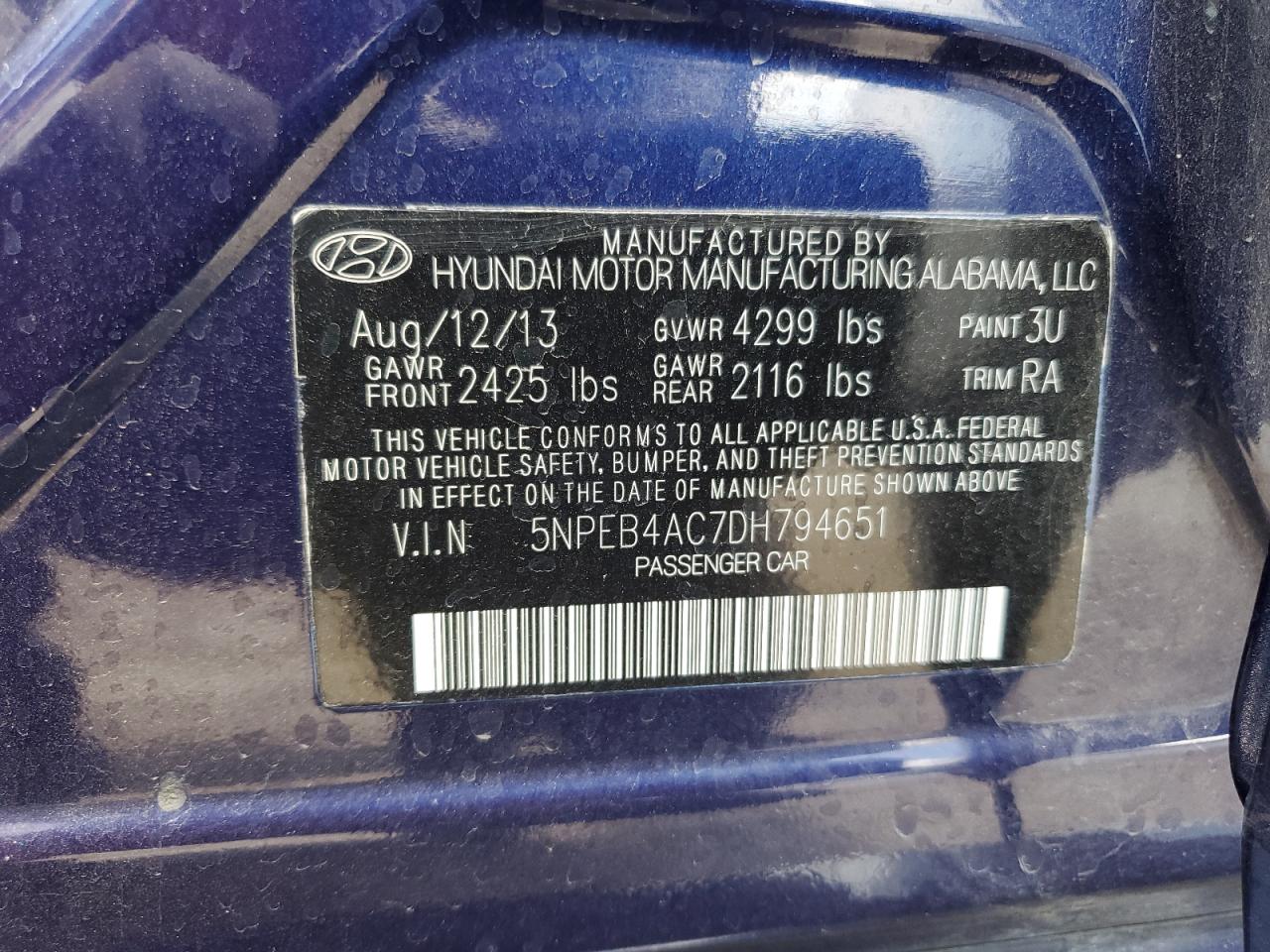 2013 Hyundai Sonata Gls VIN: 5NPEB4AC7DH794651 Lot: 64527324