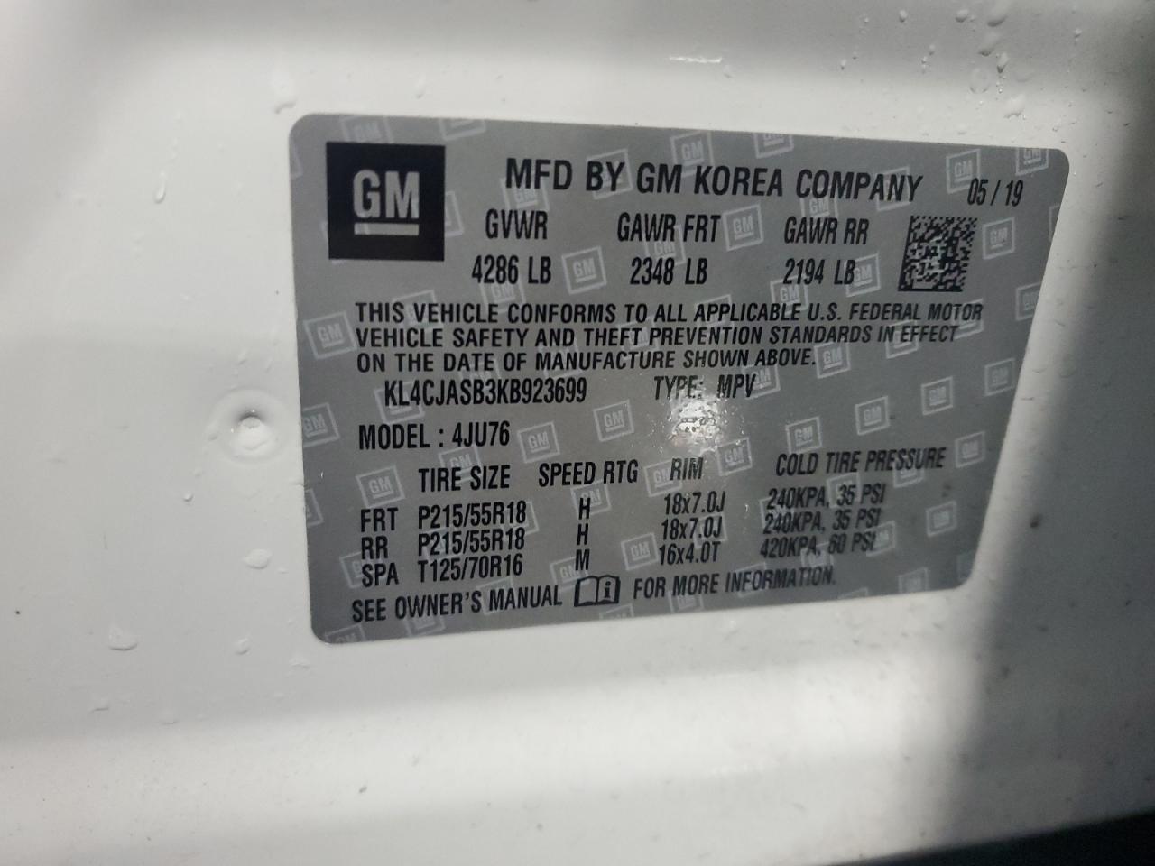 2019 Buick Encore Preferred VIN: KL4CJASB3KB923699 Lot: 63898604