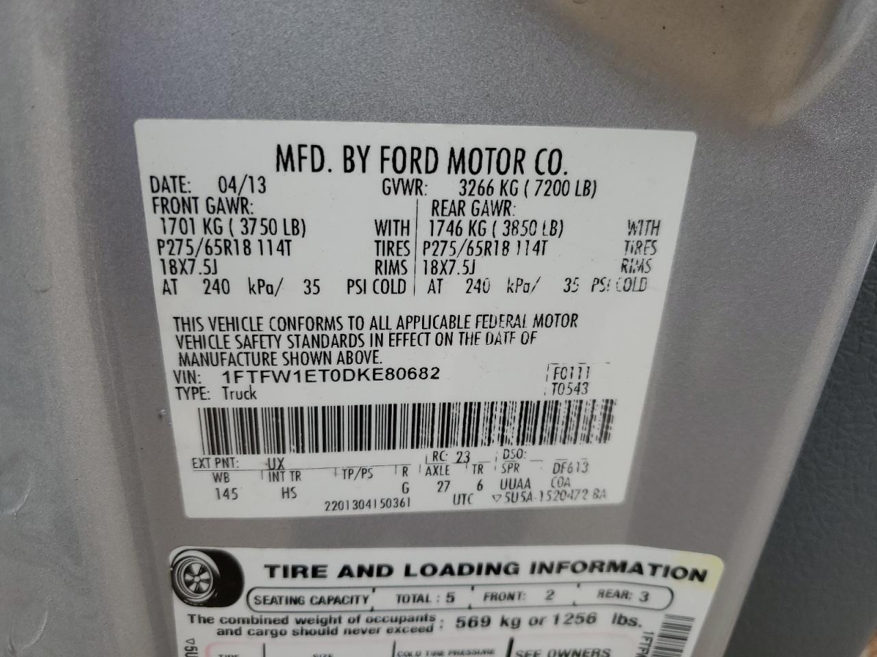 2013 Ford F150 Supercrew VIN: 1FTFW1ET0DKE80682 Lot: 63233994