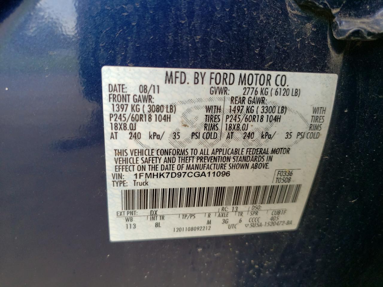 2012 Ford Explorer Xlt VIN: 1FMHK7D97CGA11096 Lot: 63513924