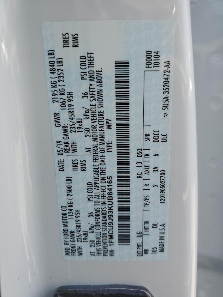 2019 Ford Escape Titanium VIN: 1FMCU9J93KUB84165 Lot: 61666954