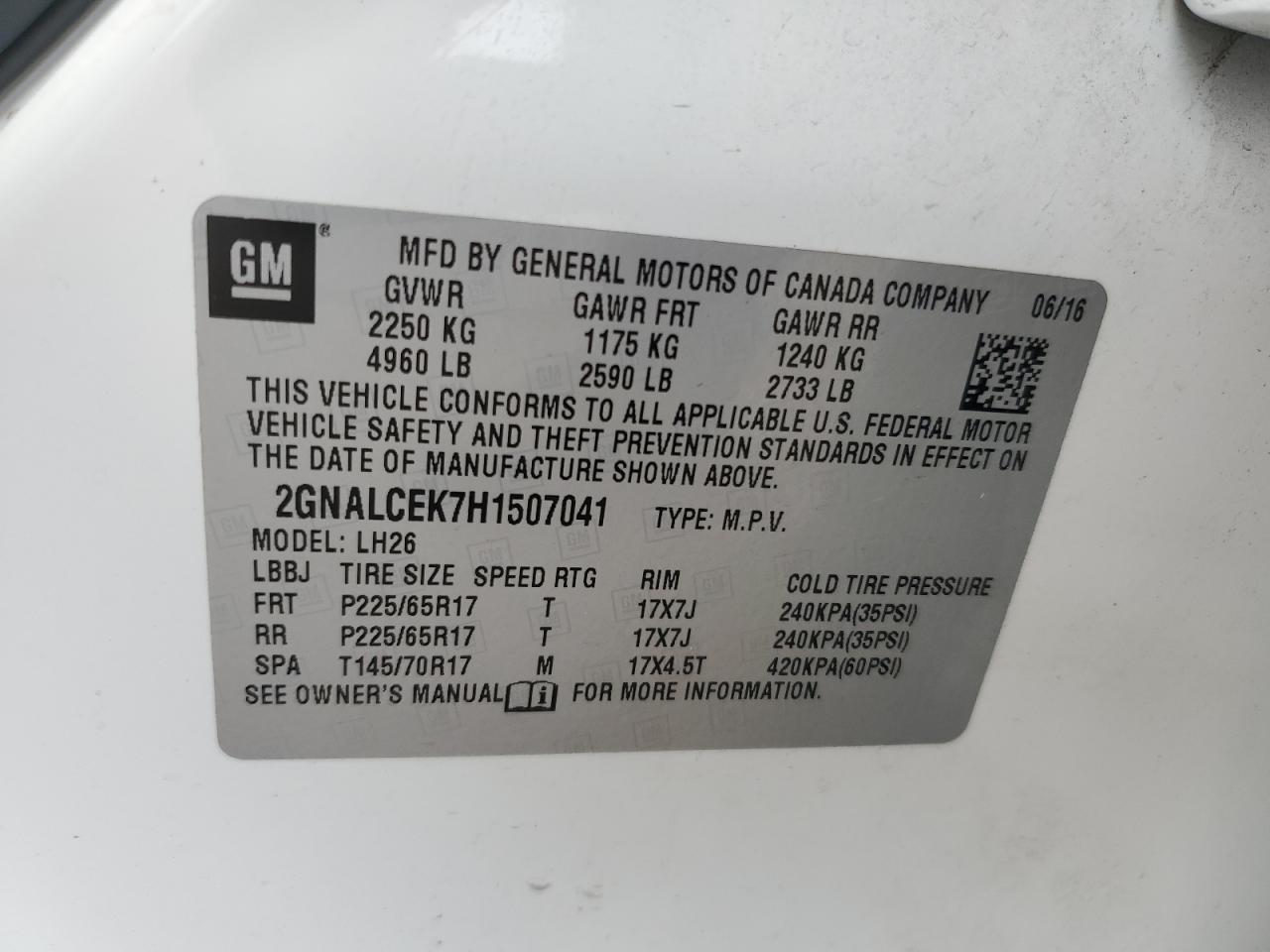 2017 Chevrolet Equinox Lt VIN: 2GNALCEK7H1507041 Lot: 64112714