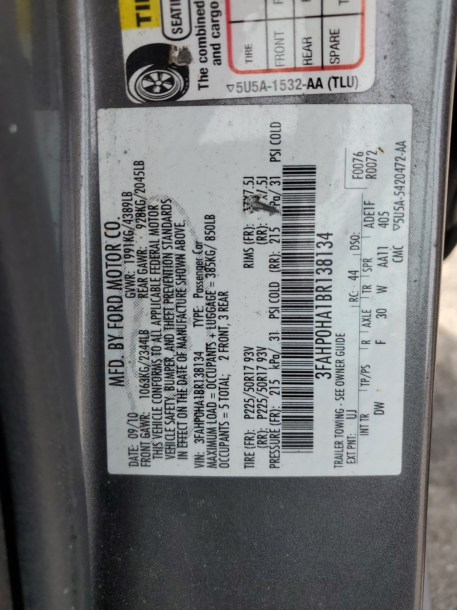 3FAHP0HA1BR138134 2011 Ford Fusion Se