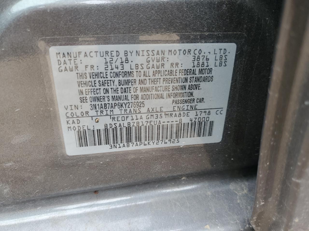 3N1AB7AP6KY276925 2019 Nissan Sentra S