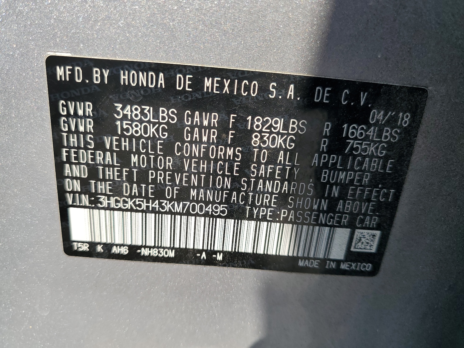 3HGGK5H43KM700495 2019 Honda Fit Lx