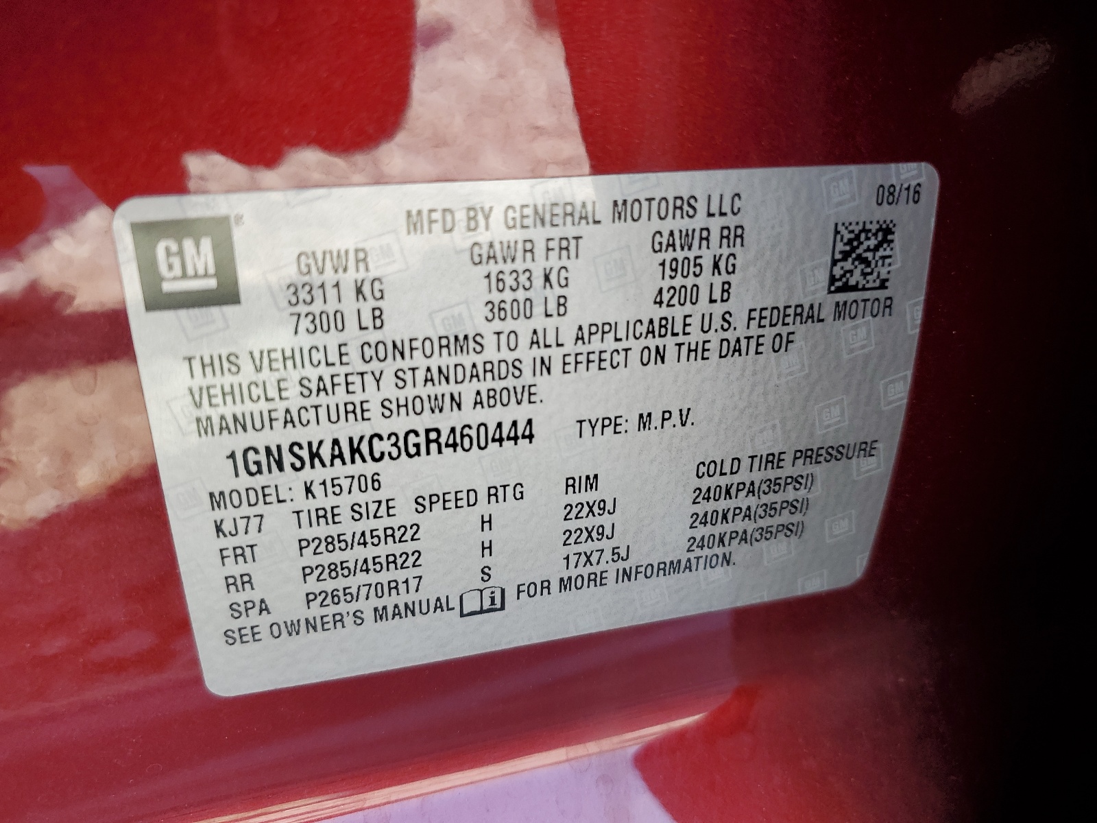 1GNSKAKC3GR460444 2016 Chevrolet Tahoe K1500 Ls