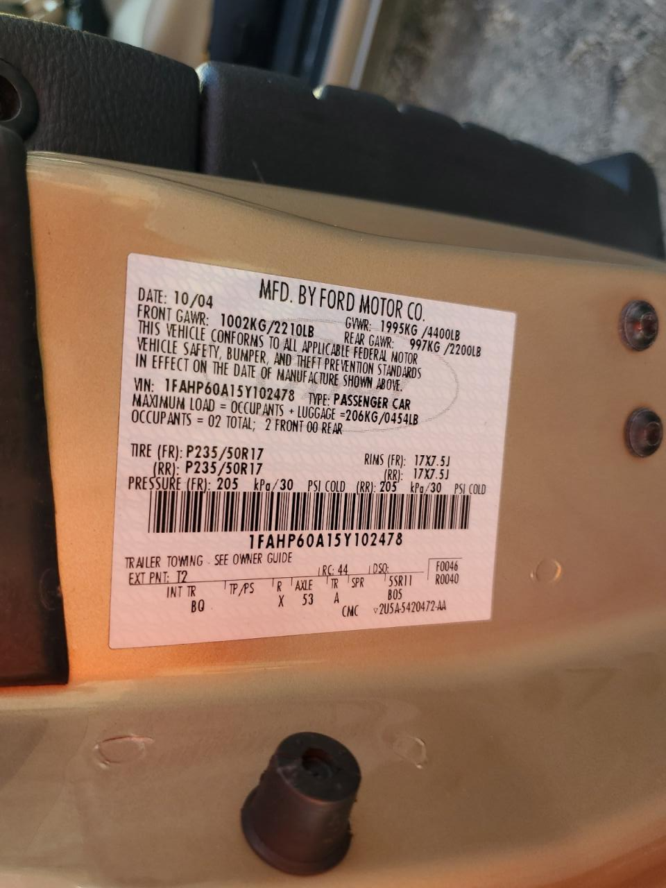 1FAHP60A15Y102478 2005 Ford Thunderbird