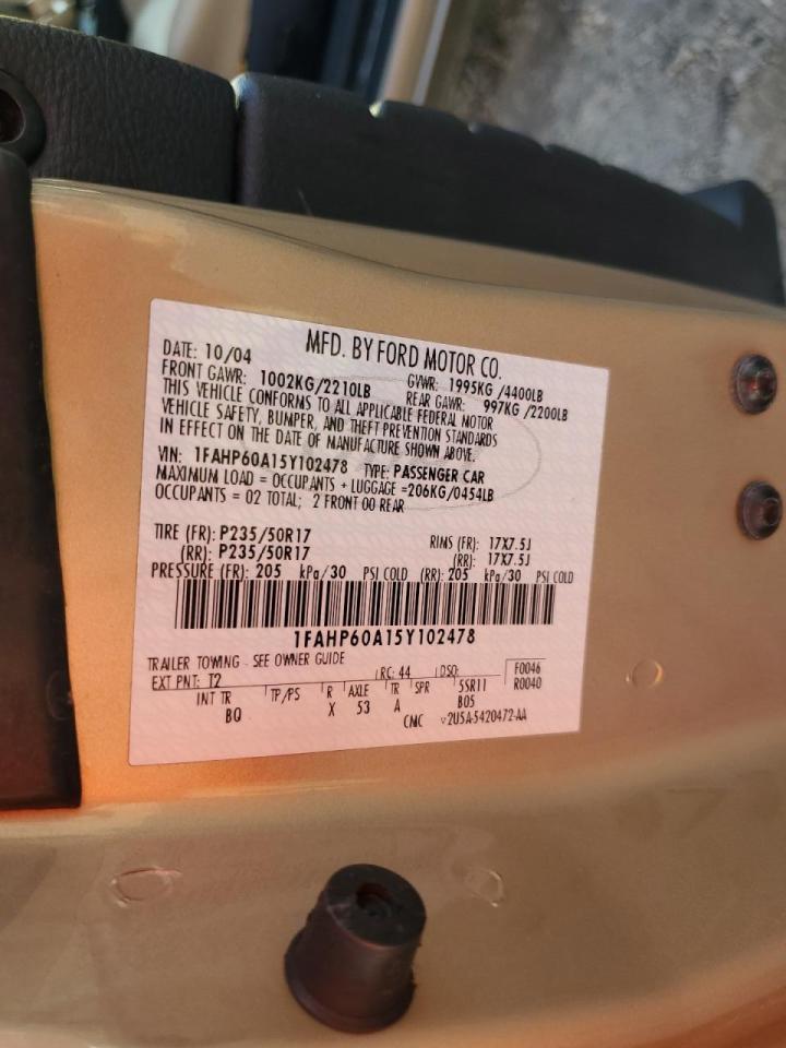 2005 Ford Thunderbird VIN: 1FAHP60A15Y102478 Lot: 61225124