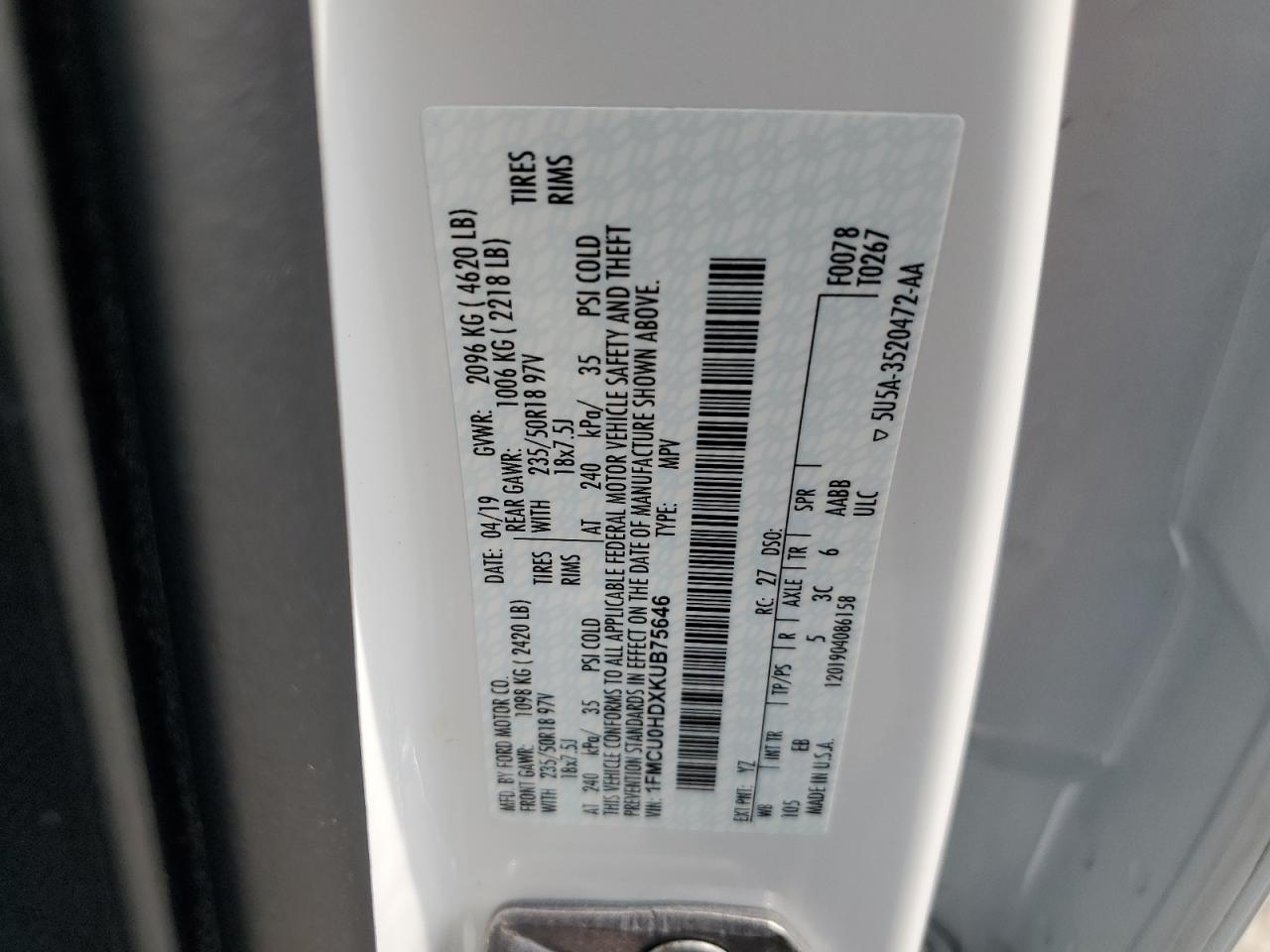 2019 Ford Escape Sel VIN: 1FMCU0HDXKUB75646 Lot: 64216814