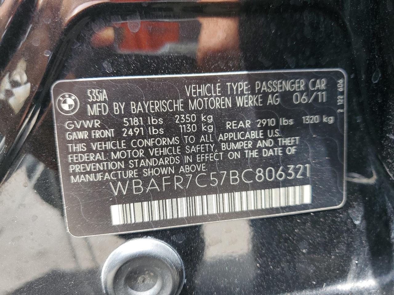 2011 BMW 535 I VIN: WBAFR7C57BC806321 Lot: 63425974