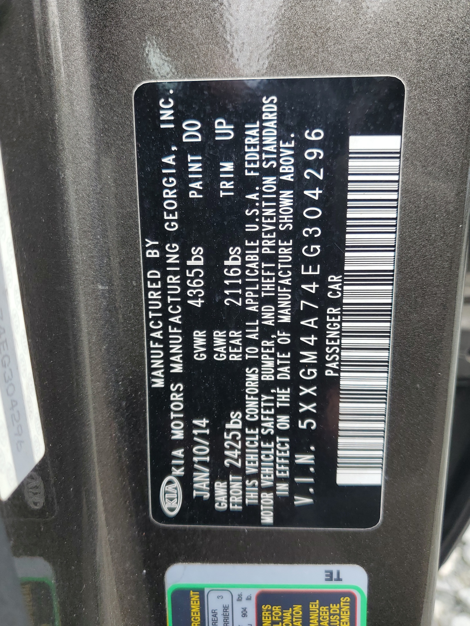 5XXGM4A74EG304296 2014 Kia Optima Lx