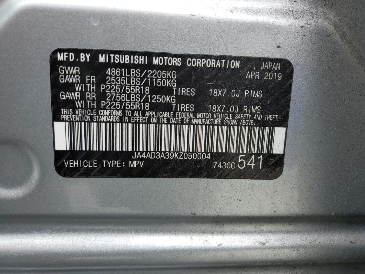 2019 Mitsubishi Outlander Se VIN: JA4AD3A39KZ050004 Lot: 61657914