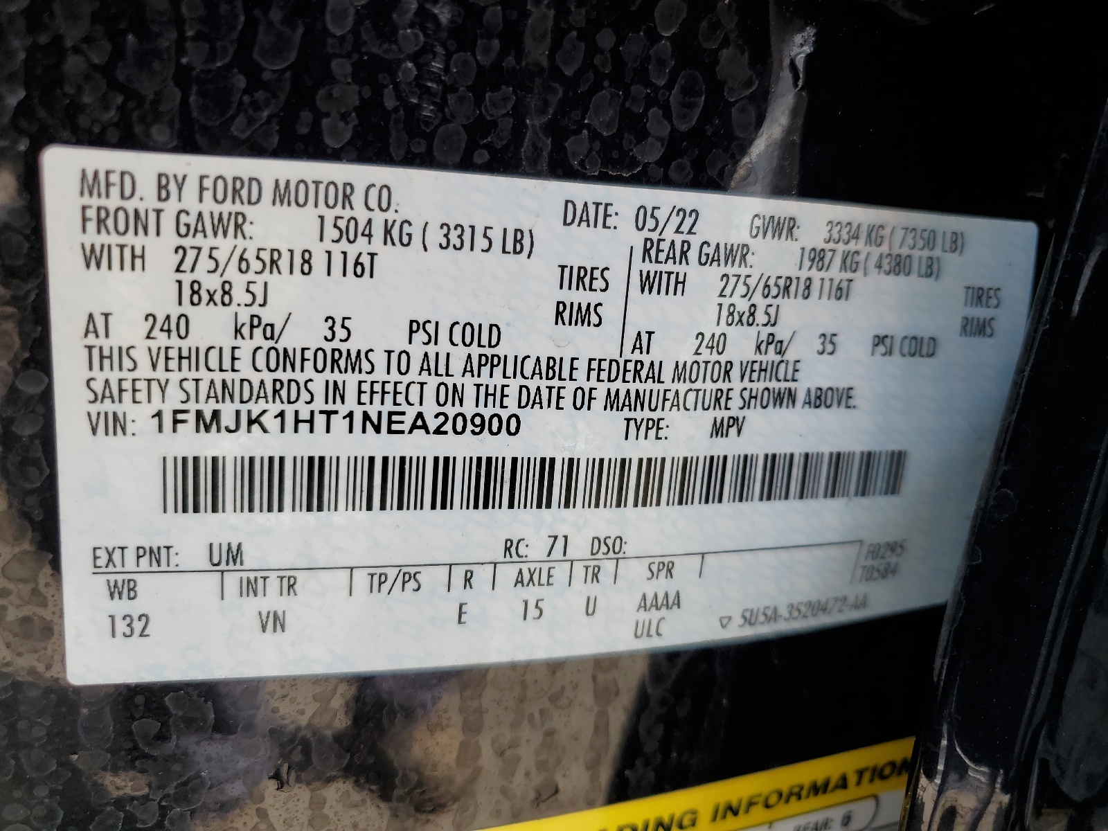 1FMJK1HT1NEA20900 2022 Ford Expedition Max Xlt