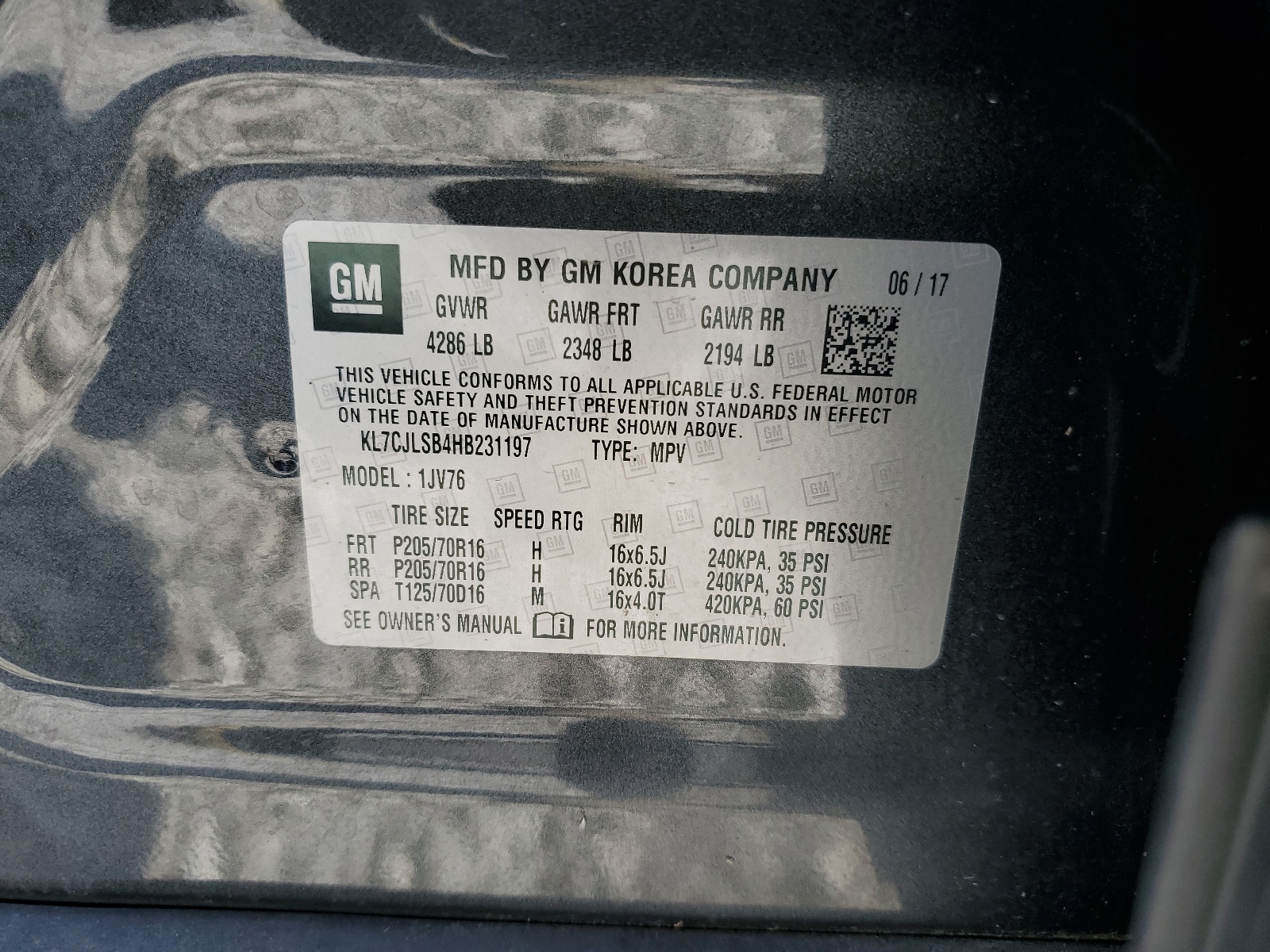 KL7CJLSB4HB231197 2017 Chevrolet Trax 1Lt