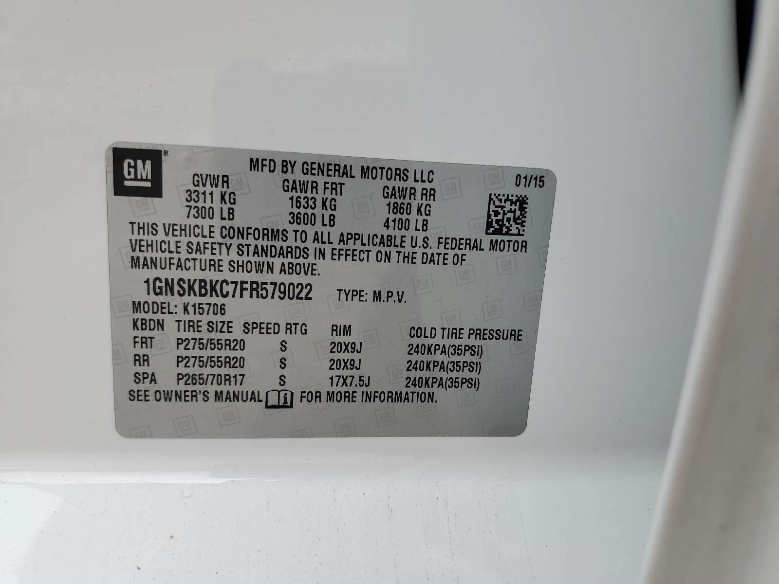 1GNSKBKC7FR579022 2015 Chevrolet Tahoe K1500 Lt