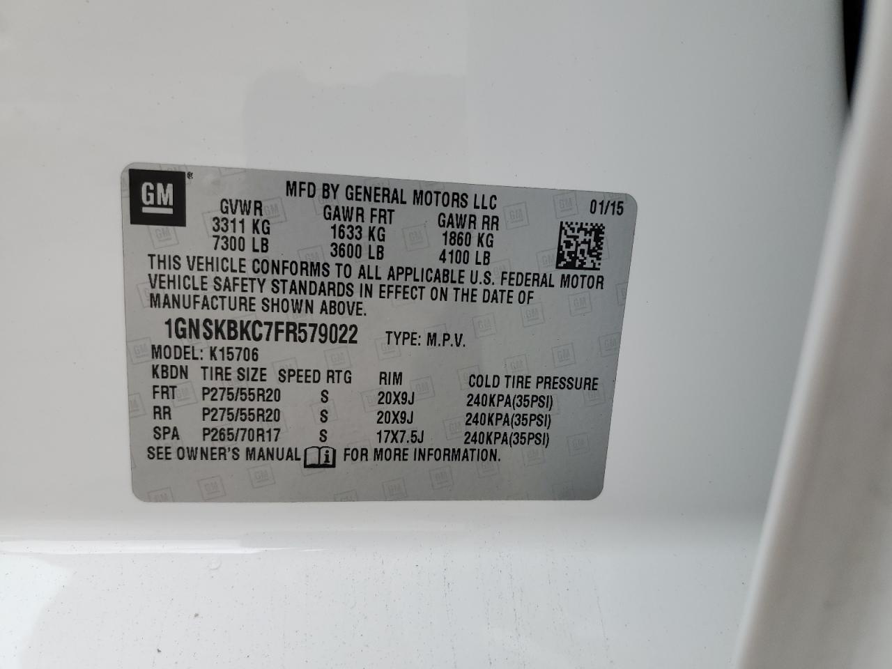 2015 Chevrolet Tahoe K1500 Lt VIN: 1GNSKBKC7FR579022 Lot: 65202394