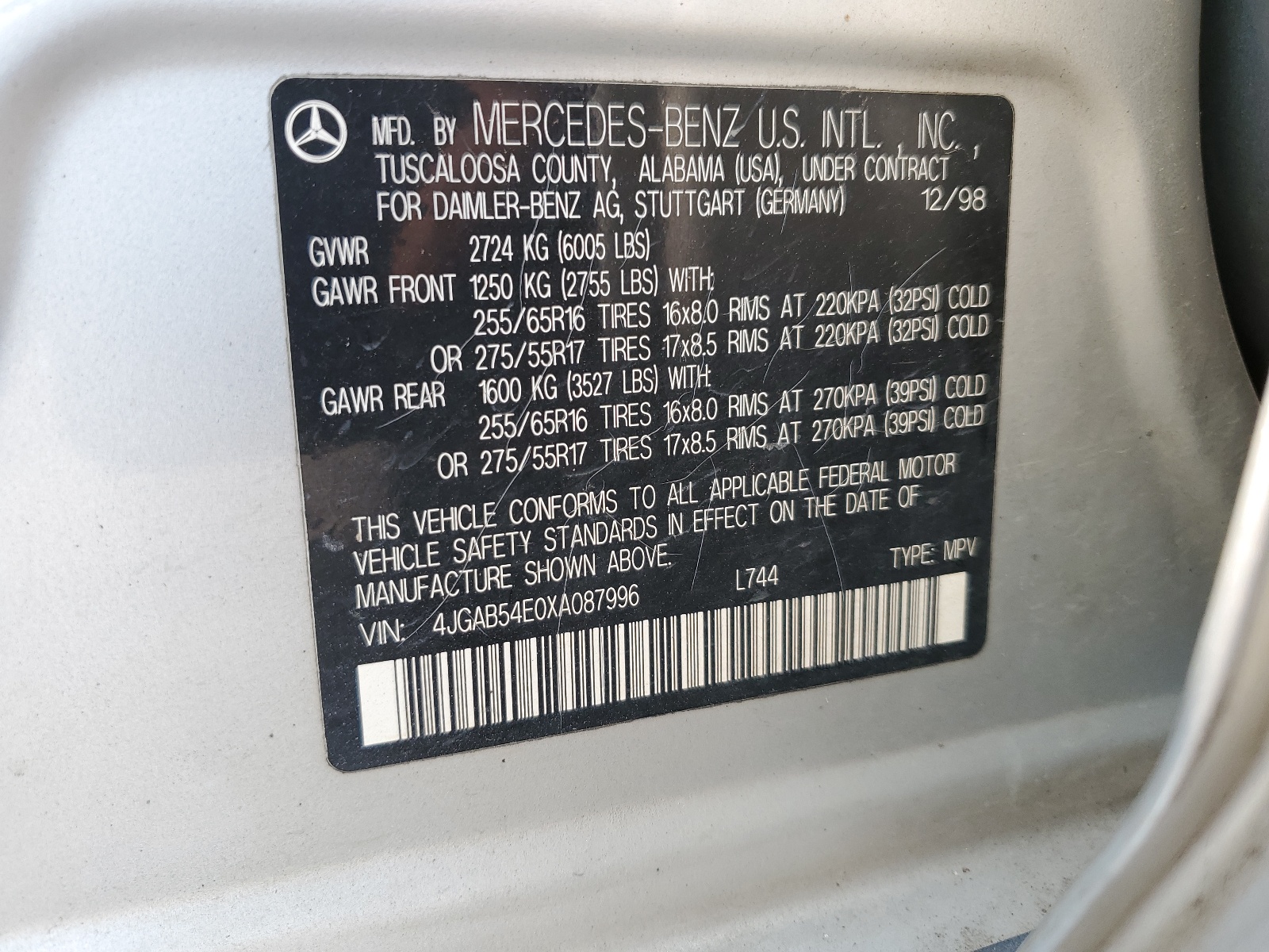 4JGAB54E0XA087996 1999 Mercedes-Benz Ml 320