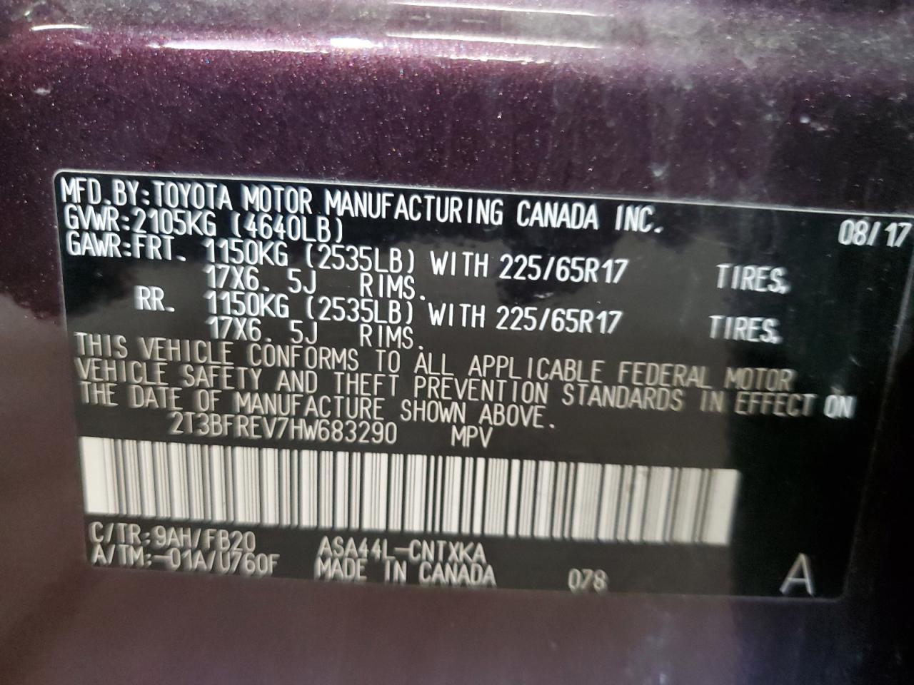 2017 Toyota Rav4 Le VIN: 2T3BFREV7HW683290 Lot: 64570414