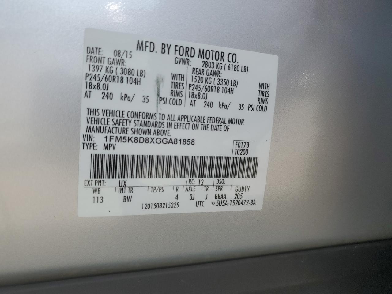 2016 Ford Explorer Xlt VIN: 1FM5K8D8XGGA81858 Lot: 62875884