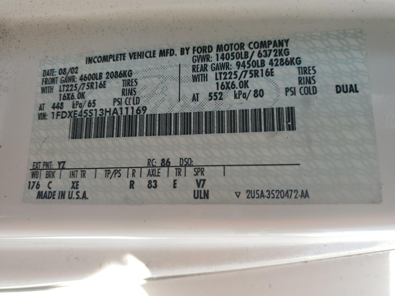 2003 Ford Econoline E450 Super Duty Cutaway Van VIN: 1FDXE45S13HA11169 Lot: 57085394