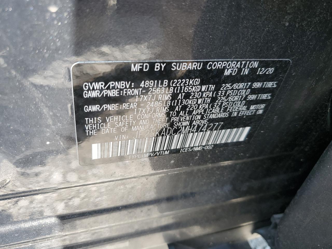 2021 Subaru Forester VIN: JF2SKADC2MH474277 Lot: 64484514