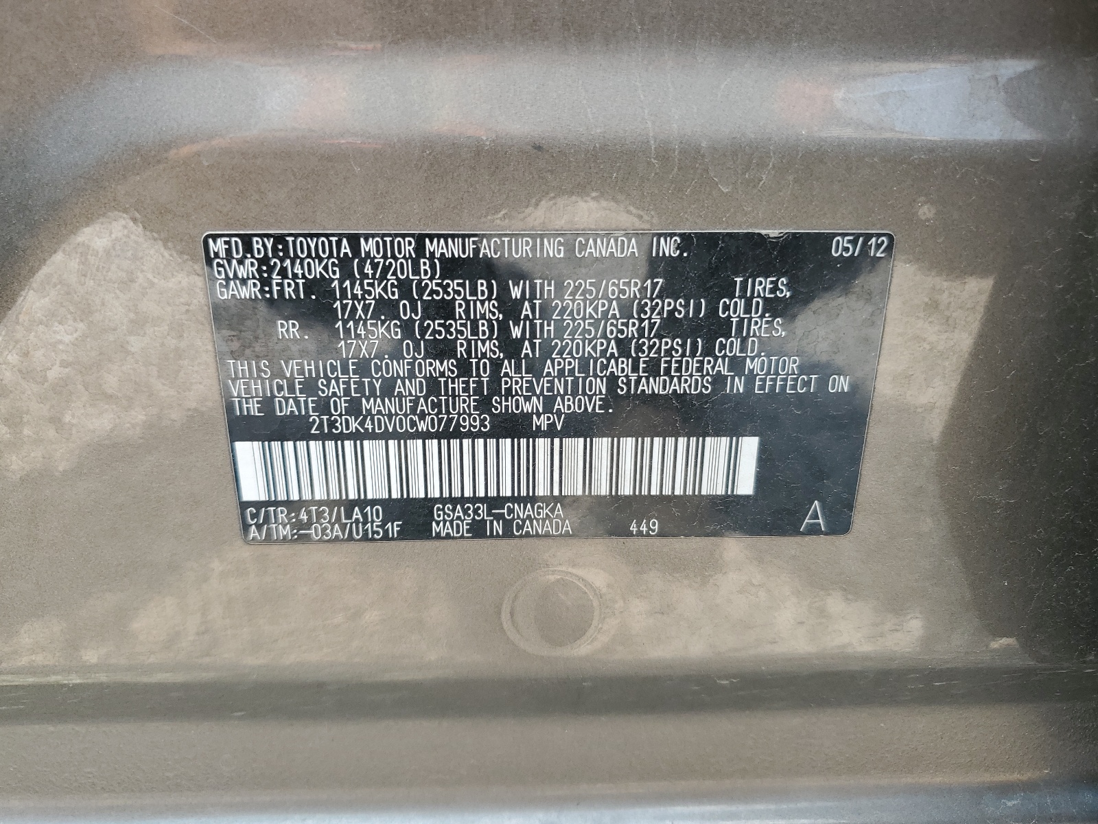 2T3DK4DV0CW077993 2012 Toyota Rav4 Limited